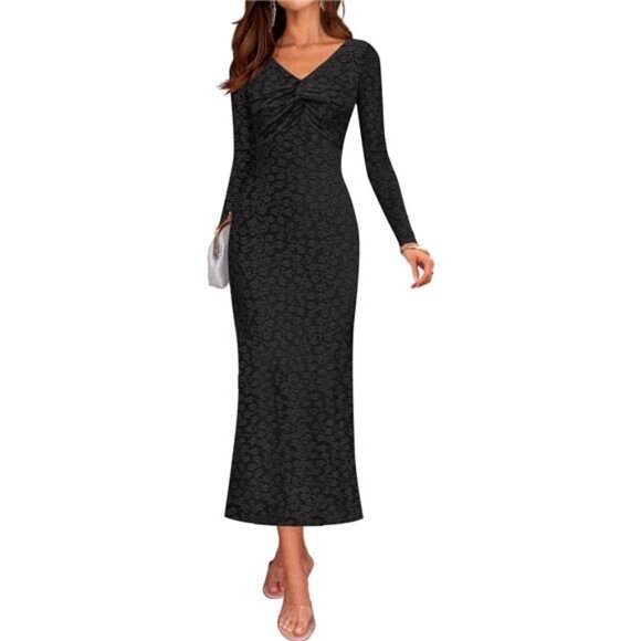 Women's Floral Long Sleeve Bodycon Dress Black - Picture 1 of 6